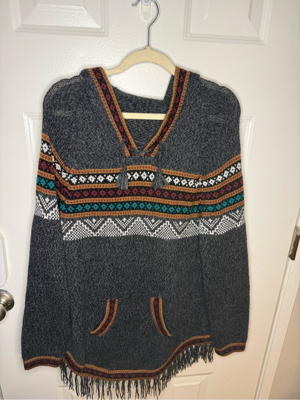Tejido & Arte Andino Alpaca Knit Hooded Fringe Pocket Pullover Sweater XL